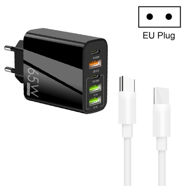 65W Dual PD Type-C + 3 x USB Multi Port Charger with 3A Type-C to Type-C Data Cable, US Plug, EU Plug + Type-C to Type-C Cable