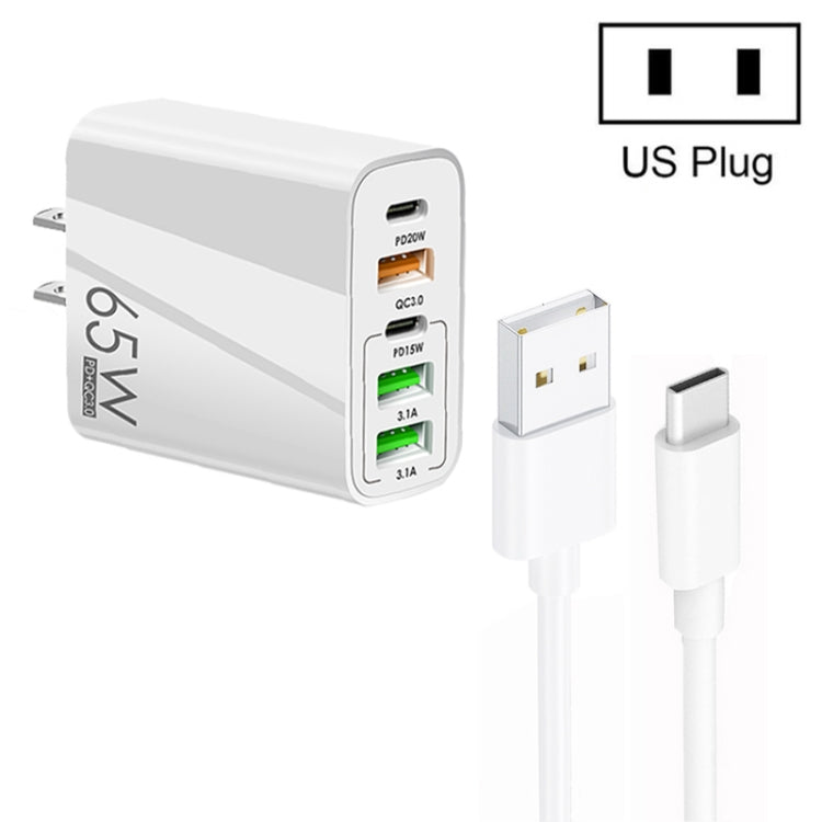 65W Dual PD Type-C + 3 x USB Multi Port Charger with 3A USB to Type-C Data Cable, US Plug, US Plug + USB to Type-C Cable