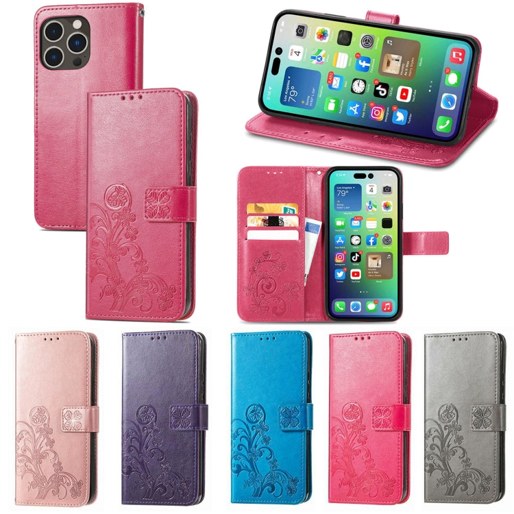 Four-leaf Clasp Embossed Buckle Leather Phone Case, For iPhone 15 Plus, For iPhone 15