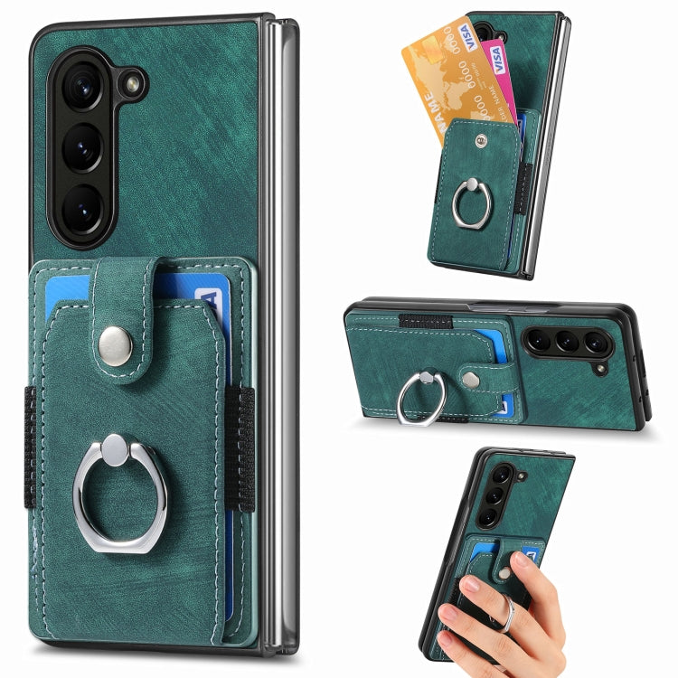Retro Skin-feel Ring Multi-card Wallet Phone Case, For Samsung Galaxy Z Fold6 5G, For Samsung Galaxy Z Fold5 5G
