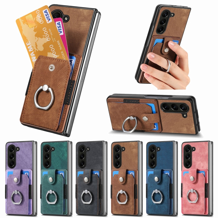 Retro Skin-feel Ring Multi-card Wallet Phone Case, For Samsung Galaxy Z Fold6 5G, For Samsung Galaxy Z Fold5 5G