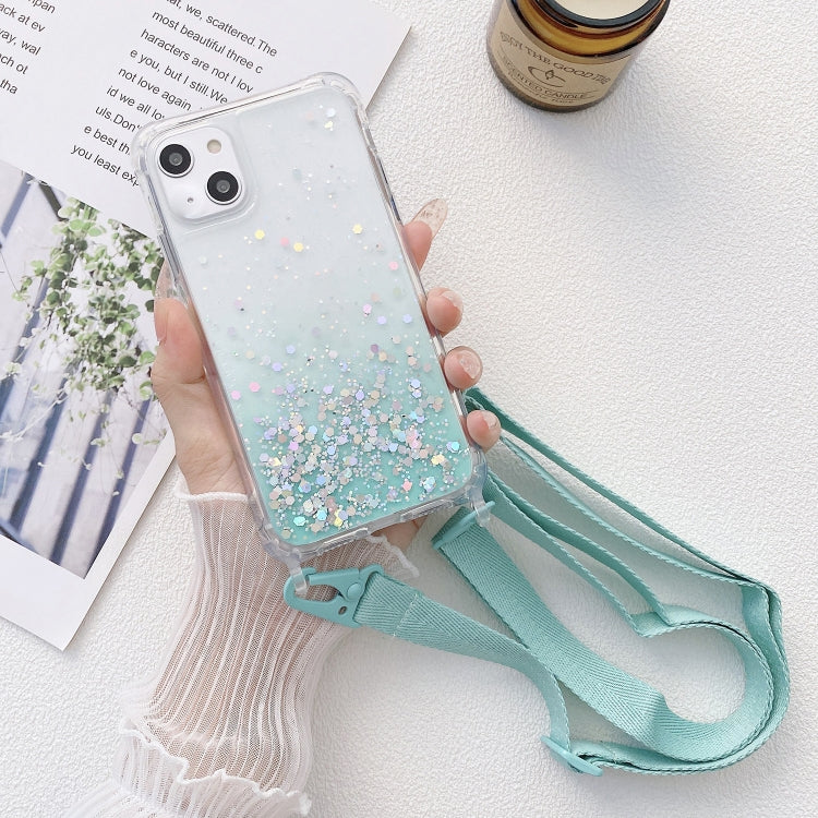 Gradient Glitter Epoxy TPU Thickened Acrylic Phone Case with Wide Lanyard, For iPhone 15 Pro Max, For iPhone 15 Pro, For iPhone 15 Plus, For iPhone 15