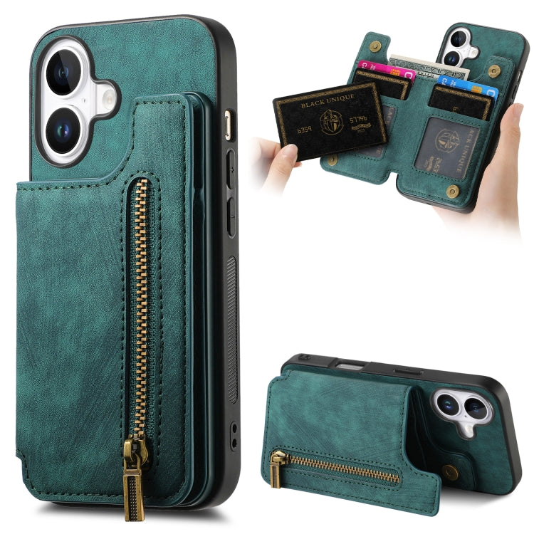 Retro Leather Zipper Wallet Back Phone Case, For iPhone Air, For iPhone 16 Pro Max, For iPhone 16 Pro, For iPhone 16 Plus