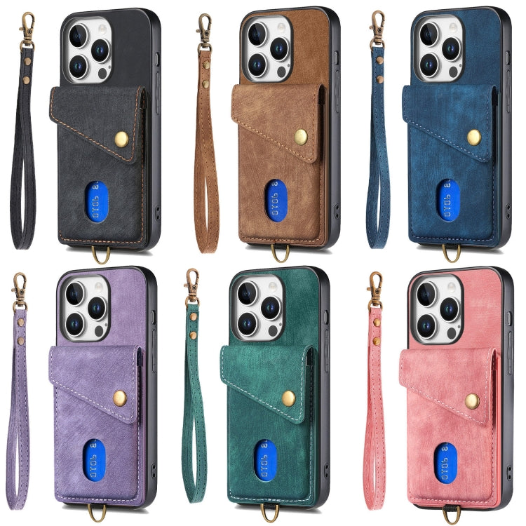 Retro Card Wallet Fold Leather Phone Case with Strap, For iPhone Air, For iPhone 16 Pro Max, For iPhone 16 Pro, For iPhone 16 Plus