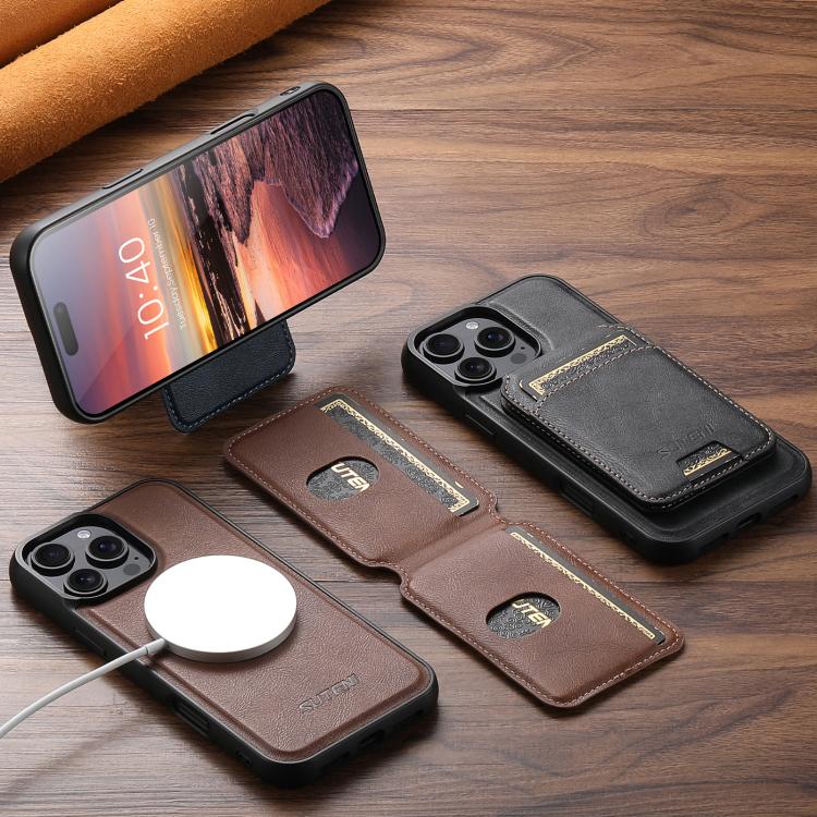 Suteni M5 Magnetic Card Bag MagSafe Cowhide Texture Leather Phone Case, For iPhone 12 Pro
