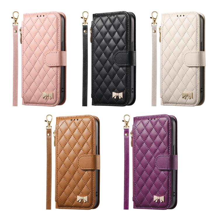 Rhombic Texture Zipper Wallet Metal Bow-knot Vegan Leather Phone Case with Strap, For iPhone 17 Pro Max, For iPhone 17 Pro, For iPhone 17, For iPhone Air