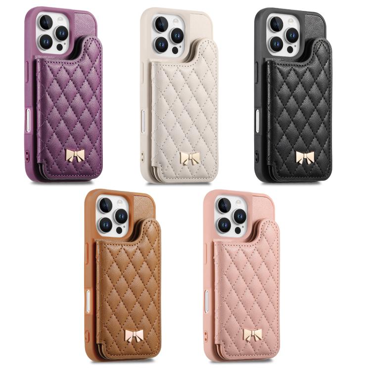 Mirror Rhombic Texture Metal Bow-knot Vegan Leather Card Bag Phone Case, For iPhone 16 Pro, For iPhone 16 Plus, For iPhone 16