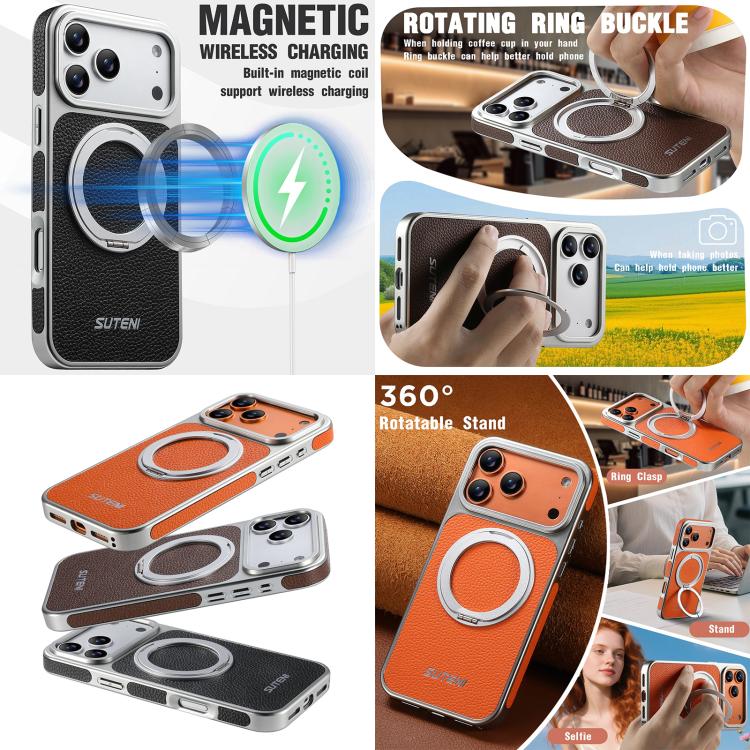 Suteni G6 Large Litchi Texture Electroplated 360 Rotation Holder Magnetic Phone Case, For iPhone 17 Pro Max, For iPhone 17 Pro, For iPhone 17, For iPhone 16 Pro Max, For iPhone 16 Pro, For iPhone 16, For iPhone 15 Pro Max, For iPhone 15 Pro