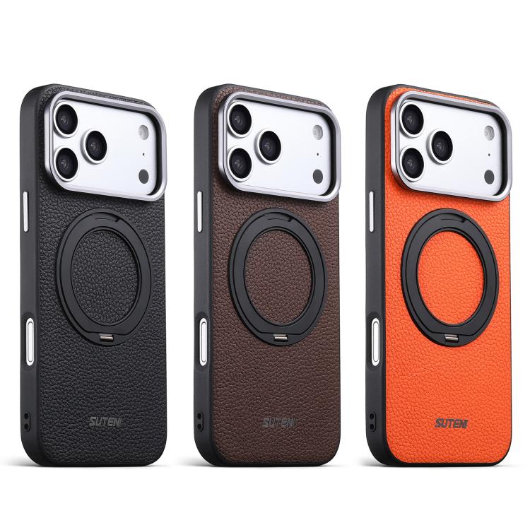 Suteni G9 Large Lychee Pattern Magnetic Holder Phone Case, For iPhone 15 Pro Max, For iPhone 15 Pro, For iPhone 15