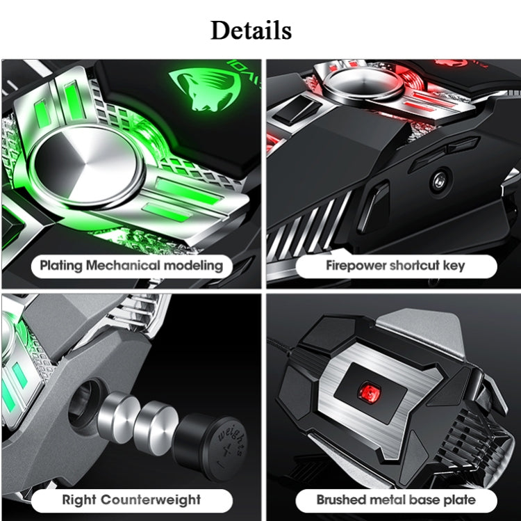 T-WOLF V10 USB Interface 7 Buttons 6400 DPI Gaming Wired Mouse Custom Macro Programming 4-Color Breathing Light Gaming Mouse, Cable Length: 1.5m, Black, Gun Color