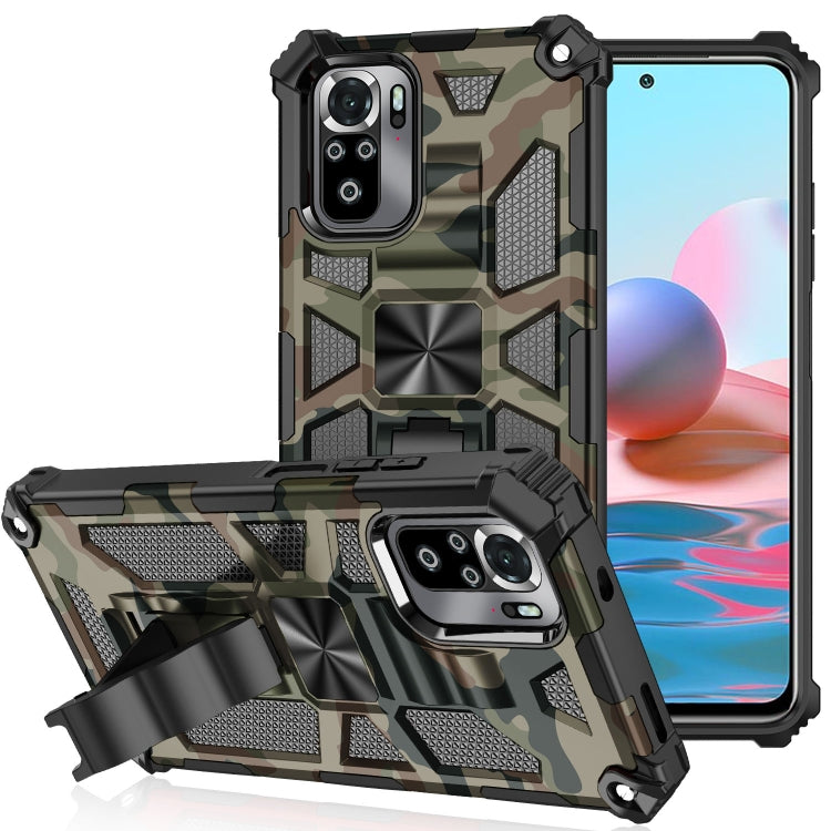Camouflage Armor Shockproof TPU + PC Magnetic Protective Case with Holder, For Xiaomi Redmi Note 10
