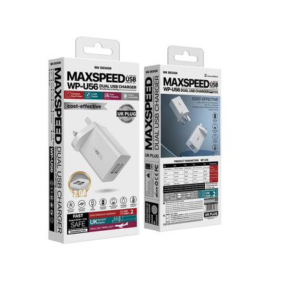 WK WP-U56 2A Dual USB Fast Charging Travel Charger Power Adapter,, UK Plug, EU Plug