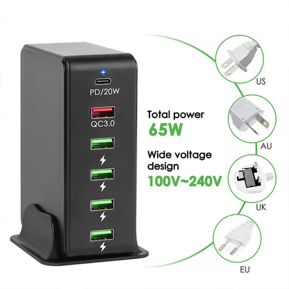6 in 1 65W PD USB-C / Type-C + QC 3.0 USB + 4 USB Multi-port Travel Charger,, US Plug, EU Plug, UK Plug, AU Plug