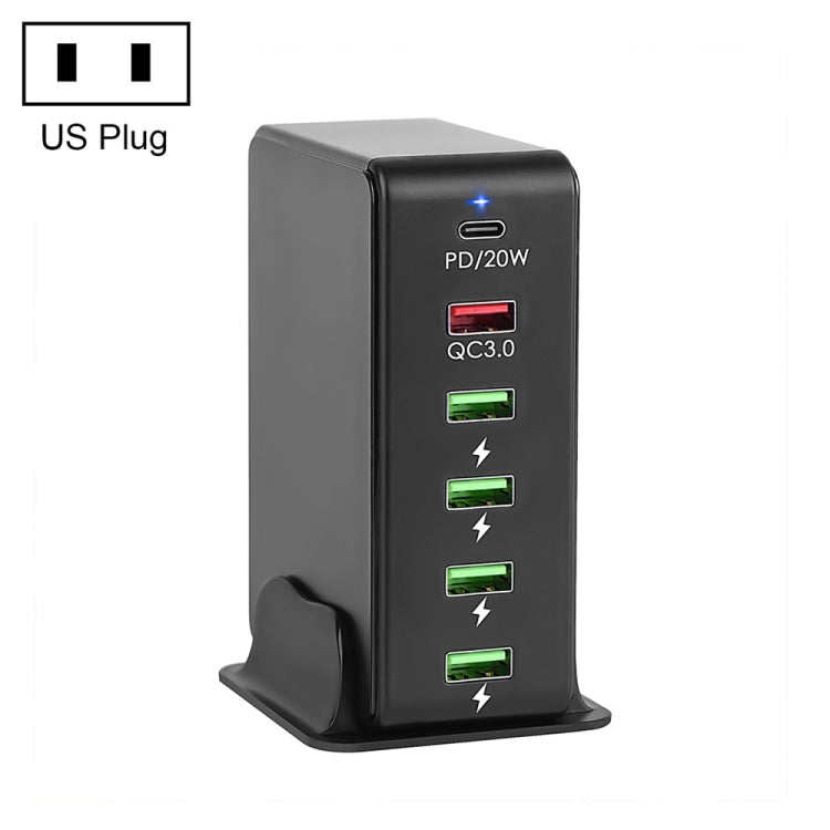 6 in 1 65W PD USB-C / Type-C + QC 3.0 USB + 4 USB Multi-port Travel Charger,, US Plug, EU Plug, UK Plug, AU Plug