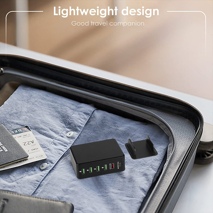 6 in 1 65W PD USB-C / Type-C + QC 3.0 USB + 4 USB Multi-port Travel Charger,, US Plug, EU Plug, UK Plug, AU Plug