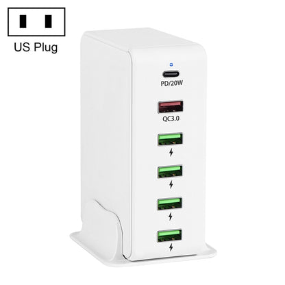 6 in 1 65W PD USB-C / Type-C + QC 3.0 USB + 4 USB Multi-port Travel Charger,, US Plug, EU Plug, UK Plug, AU Plug