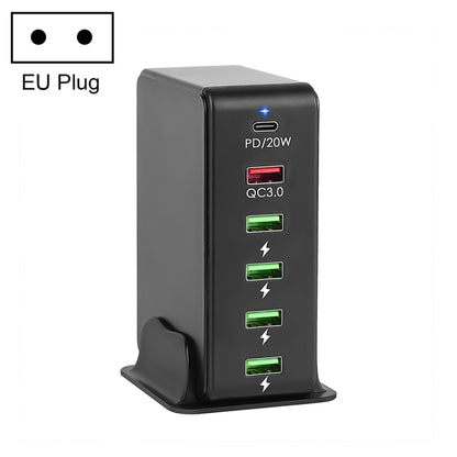 6 in 1 65W PD USB-C / Type-C + QC 3.0 USB + 4 USB Multi-port Travel Charger,, US Plug, EU Plug, UK Plug, AU Plug