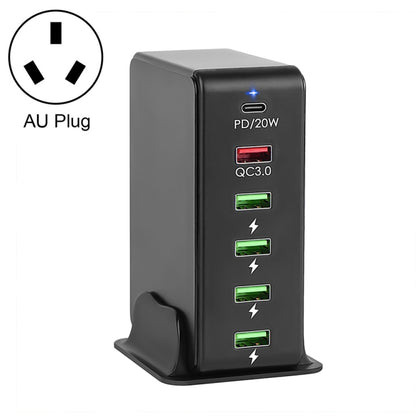 6 in 1 65W PD USB-C / Type-C + QC 3.0 USB + 4 USB Multi-port Travel Charger,, US Plug, EU Plug, UK Plug, AU Plug