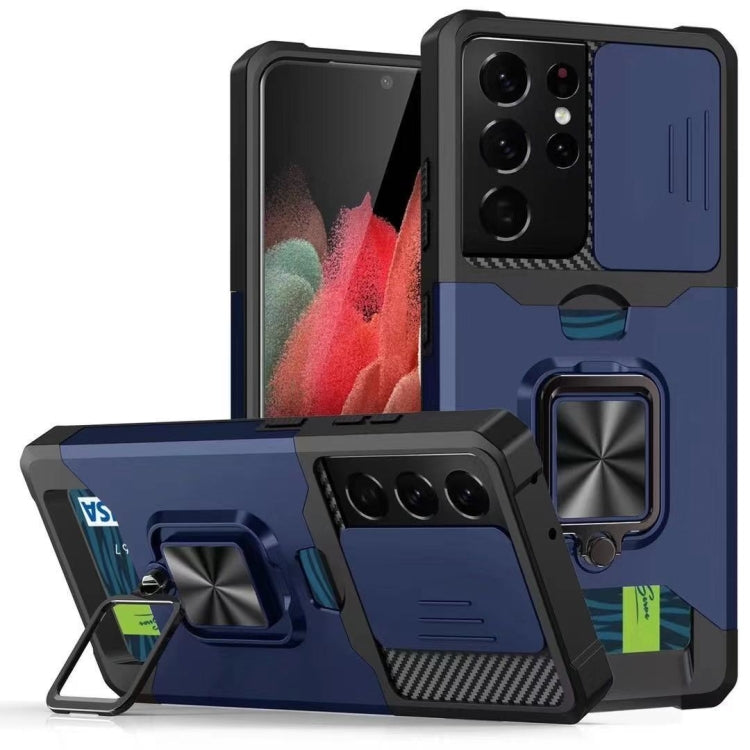 Sliding Camera Cover Design PC + TPU Shockproof Case with Ring Holder & Card Slot, For Samsung Galaxy S21 Ultra 5G