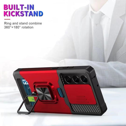 Sliding Camera Cover Design PC + TPU Shockproof Case with Ring Holder & Card Slot, For Samsung Galaxy S21 Ultra 5G