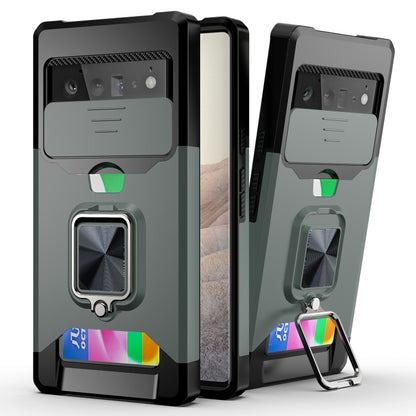 Sliding Camera Cover Design PC + TPU Shockproof Case with Ring Holder & Card Slot, For Google Pixel 6