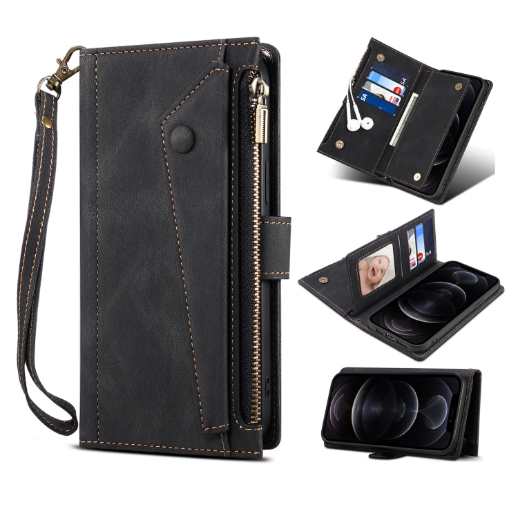 Retro Frosted Leather Phone Case with Holder & Card Slot & Wallet & Zipper Pocket & Lanyard