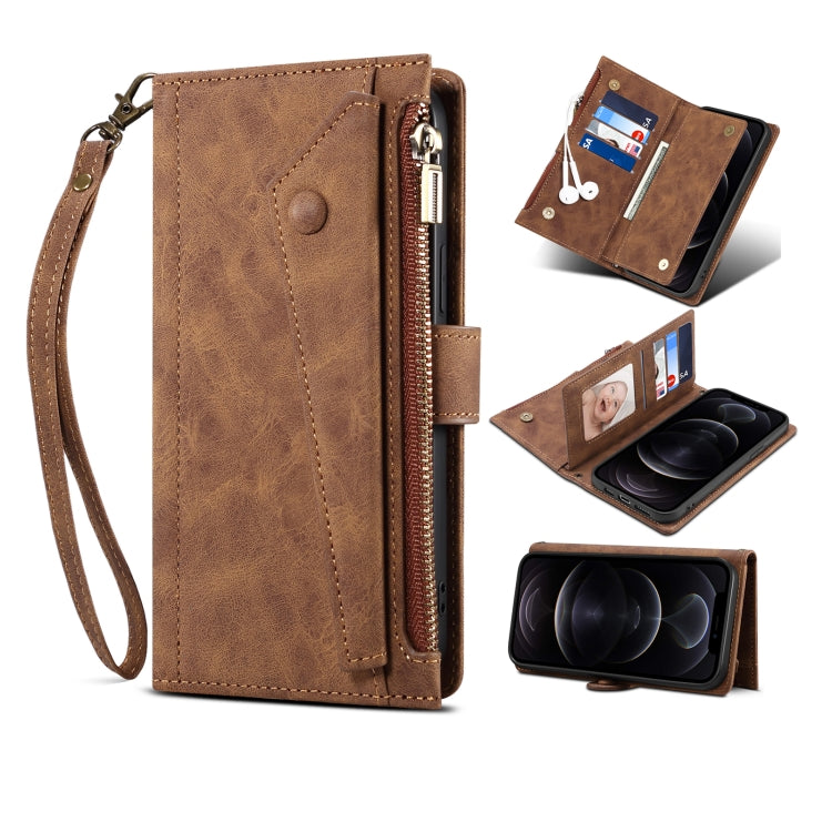 Retro Frosted Leather Phone Case with Holder & Card Slot & Wallet & Zipper Pocket & Lanyard