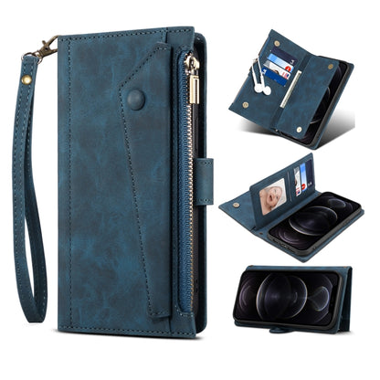 Retro Frosted Leather Phone Case with Holder & Card Slot & Wallet & Zipper Pocket & Lanyard