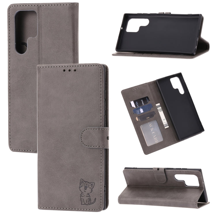 Embossed Happy Cat Pattern Leather Phone Case, For Samsung Galaxy S22 Ultra 5G, For Samsung Galaxy A13 5G, For Samsung Galaxy A33 5G, For Samsung Galaxy A53