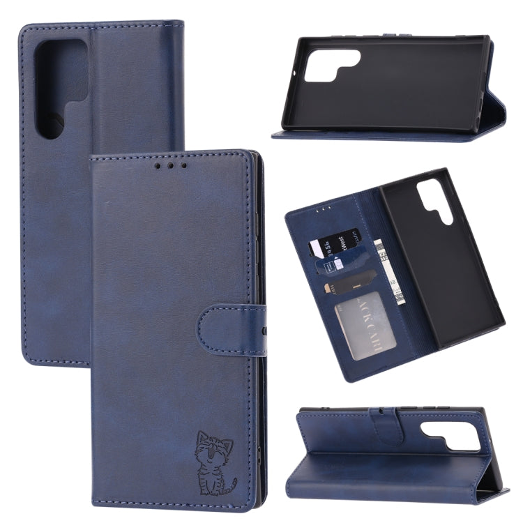 Embossed Happy Cat Pattern Leather Phone Case, For Samsung Galaxy S22 Ultra 5G, For Samsung Galaxy A13 5G, For Samsung Galaxy A33 5G, For Samsung Galaxy A53