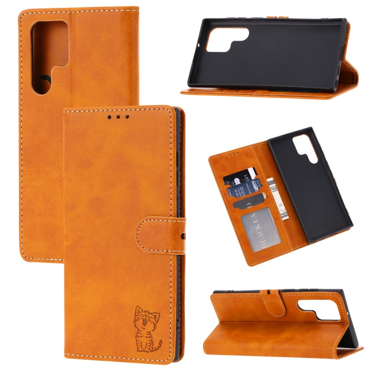 Embossed Happy Cat Pattern Leather Phone Case, For Samsung Galaxy S22 Ultra 5G, For Samsung Galaxy A13 5G, For Samsung Galaxy A33 5G, For Samsung Galaxy A53