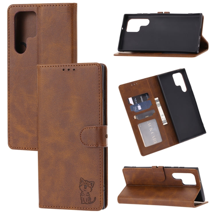 Embossed Happy Cat Pattern Leather Phone Case, For Samsung Galaxy S22 Ultra 5G, For Samsung Galaxy A13 5G, For Samsung Galaxy A33 5G, For Samsung Galaxy A53