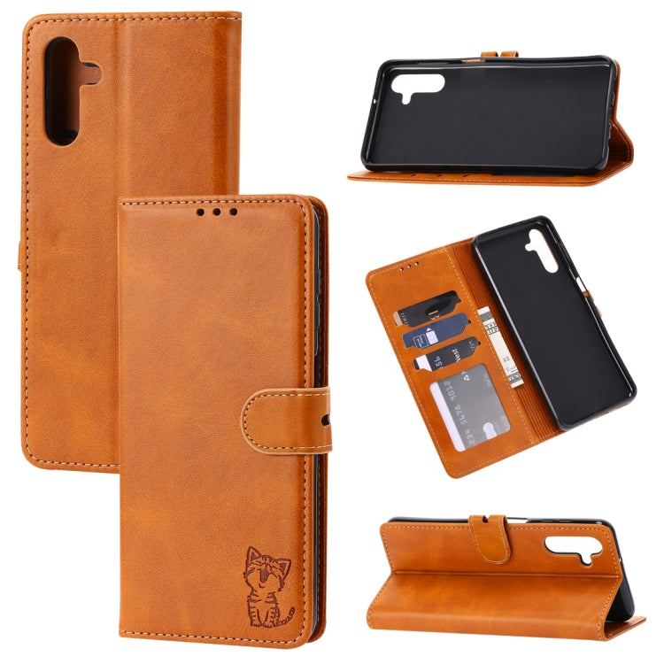 Embossed Happy Cat Pattern Leather Phone Case, For Samsung Galaxy S22 Ultra 5G, For Samsung Galaxy A13 5G, For Samsung Galaxy A33 5G, For Samsung Galaxy A53