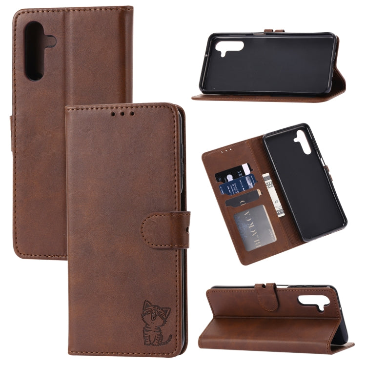 Embossed Happy Cat Pattern Leather Phone Case, For Samsung Galaxy S22 Ultra 5G, For Samsung Galaxy A13 5G, For Samsung Galaxy A33 5G, For Samsung Galaxy A53