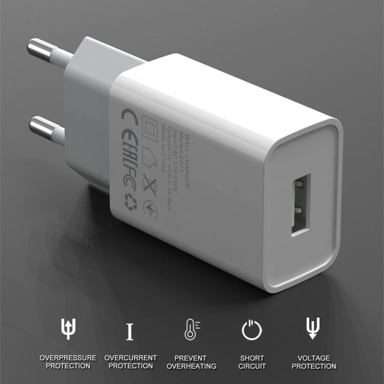 IVON AD-33 2 in 1 2.1A Single USB Port Travel Charger + 1m USB to USB-C / Type-C Data Cable Set,, EU Plug, US Plug