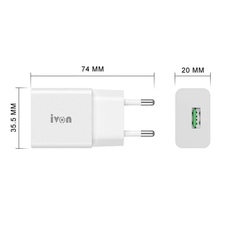 IVON AD-35 2 in 1 18W QC3.0 USB Port Travel Charger + 1m USB to USB-C / Type-C Data Cable Set,, EU Plug, US Plug