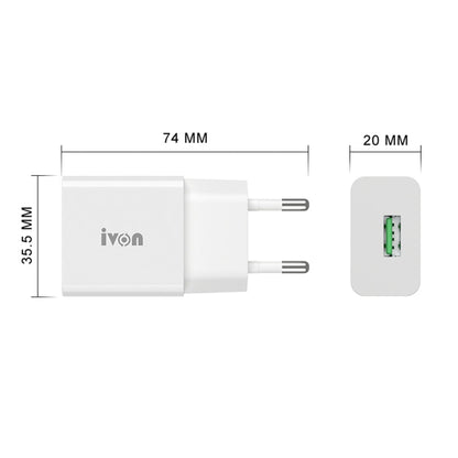 IVON AD-35 2 in 1 18W QC3.0 USB Port Travel Charger + 1m USB to USB-C / Type-C Data Cable Set,, EU Plug, US Plug