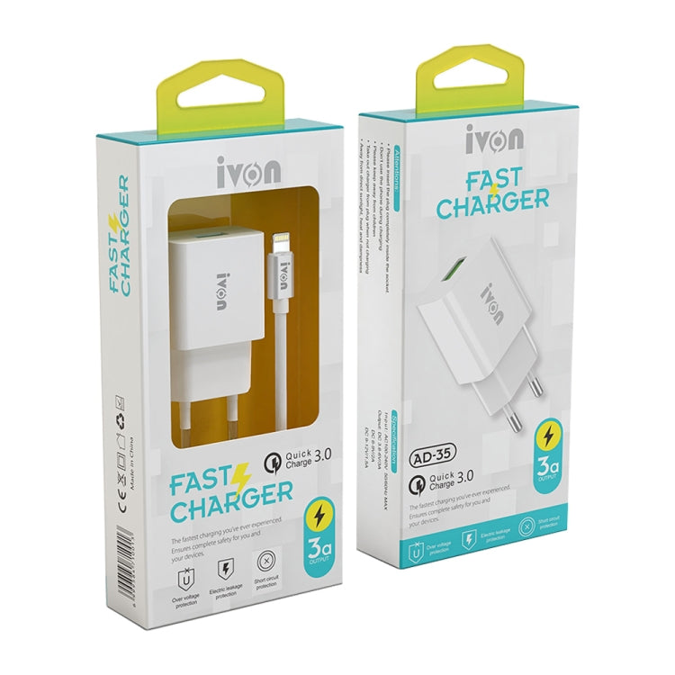 IVON AD-35 2 in 1 18W QC3.0 USB Port Travel Charger + 1m USB to USB-C / Type-C Data Cable Set,, EU Plug, US Plug