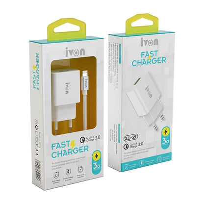 IVON AD-35 2 in 1 18W QC3.0 USB Port Travel Charger + 1m USB to USB-C / Type-C Data Cable Set,, EU Plug, US Plug