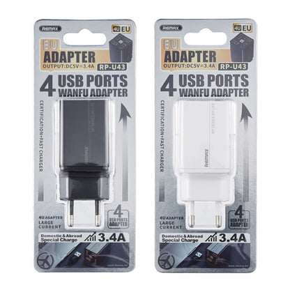 REMAX RP-U43 3.4A 4 USB Port Fast Charger, EU Plug, UK Plug