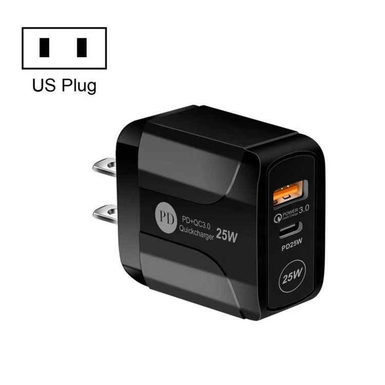 25W PD Type-C + QC3.0 USB Ports Travel Charger, US Plug, EU Plug