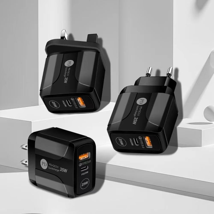 25W PD Type-C + QC3.0 USB Ports Travel Charger, US Plug, EU Plug