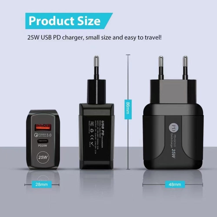 25W PD Type-C + QC3.0 USB Ports Travel Charger, US Plug, EU Plug