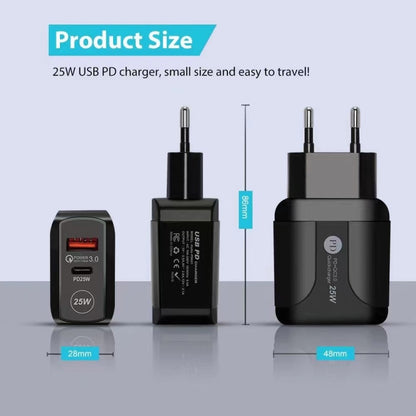 25W PD Type-C + QC3.0 USB Ports Travel Charger, US Plug, EU Plug