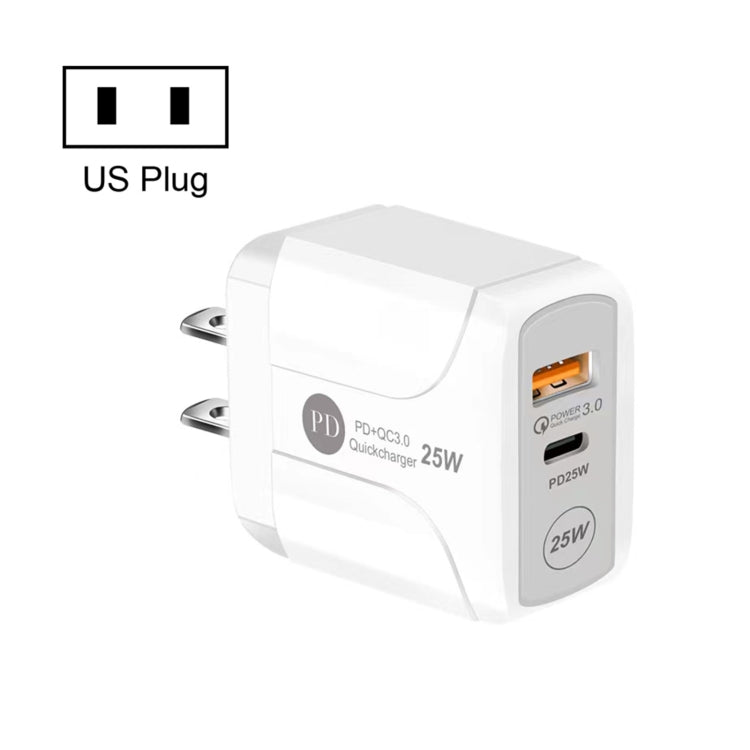 25W PD Type-C + QC3.0 USB Ports Travel Charger, US Plug, EU Plug
