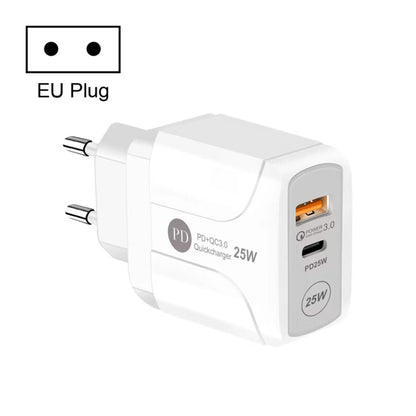 25W PD Type-C + QC3.0 USB Ports Travel Charger, US Plug, EU Plug