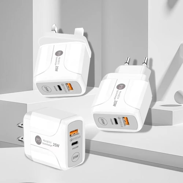 25W PD Type-C + QC3.0 USB Ports Travel Charger, UK Plug