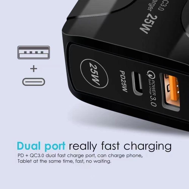 25W PD Type-C + QC3.0 USB Ports Travel Charger, UK Plug