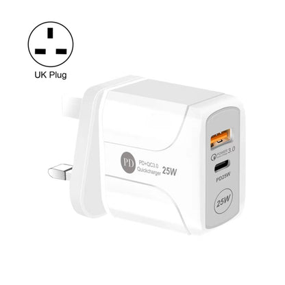 25W PD Type-C + QC3.0 USB Ports Travel Charger, UK Plug