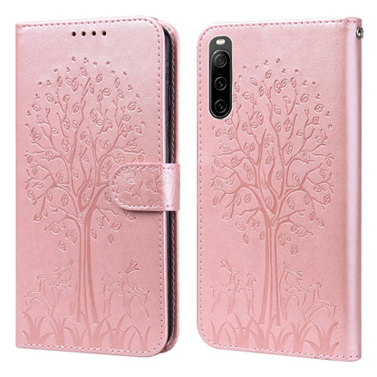 Tree & Deer Pattern Pressed Flip Leather Phone Case, For Xiaomi Redmi 10A, For Sony Xperia 10 IV